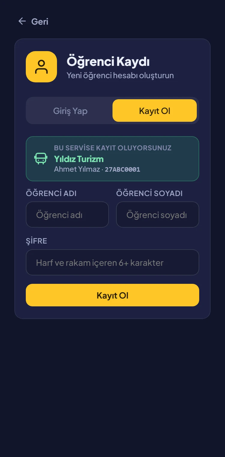 Öğrenci kayıt formu; servis bilgisi hazır dolu