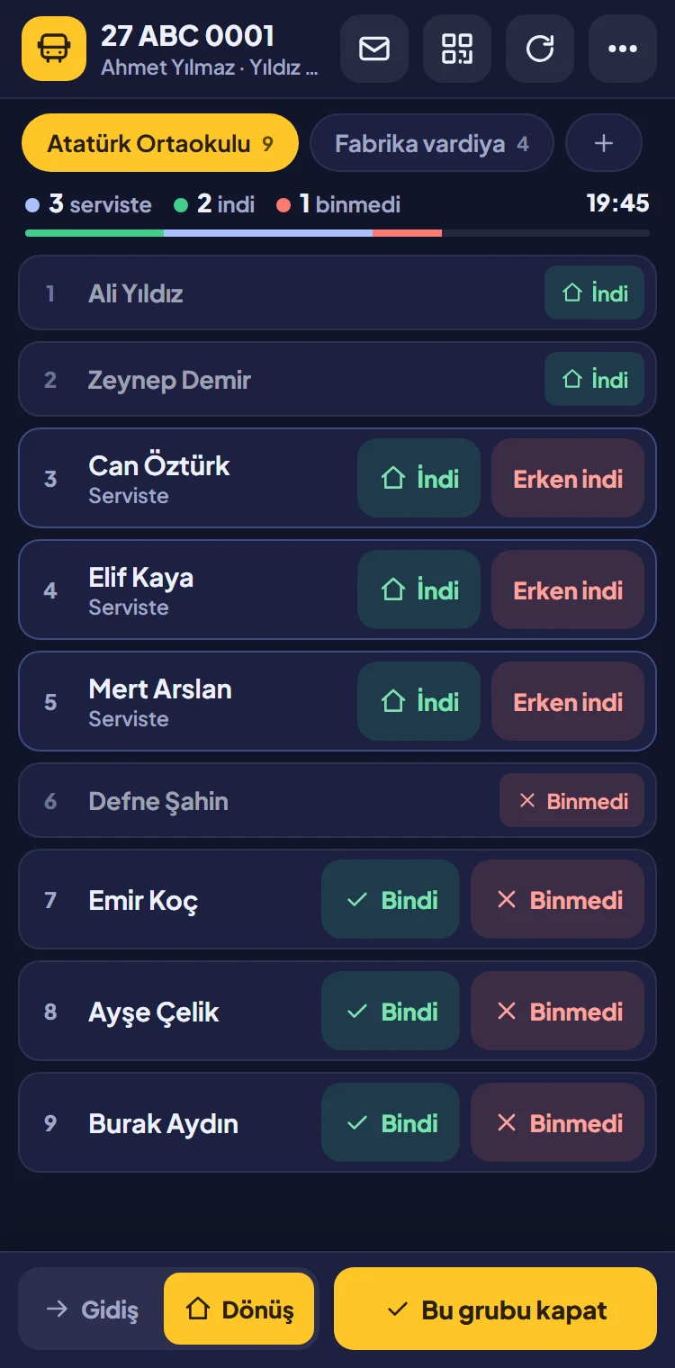 Şoför ekranı: dönüş listesi