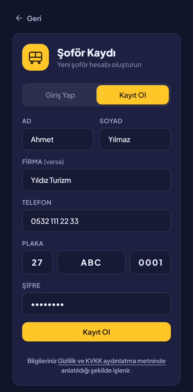 Şoför kayıt formu: ad, soyad, firma adı, telefon, plaka ve şifre