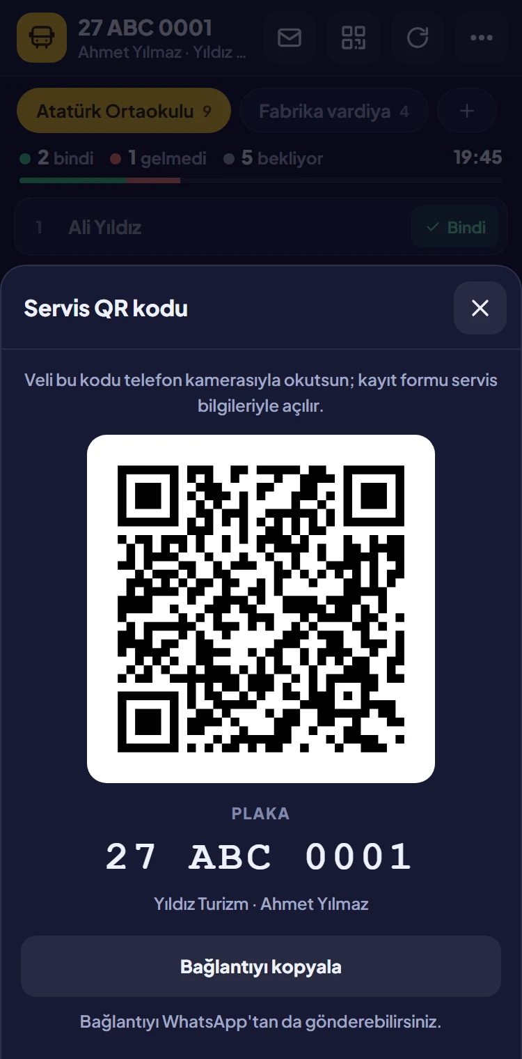 Şoför ekranında servis QR kodu